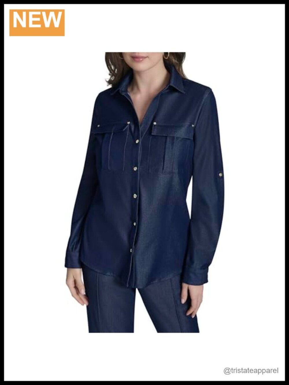 Denim-Like Button Front Collared Top with Roll-Tab Sleeves